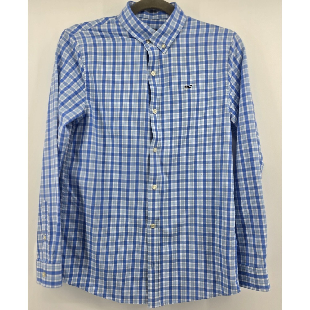 Vineyard Vines Performance Whale Shirt Mens Large Blue White Gingham Button Down